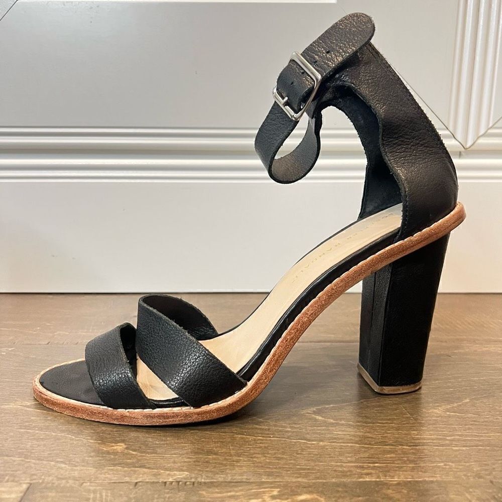 Loeffler Randal Women Ankle Strap 4" Heel Leather Sandals, Black, Size 10M